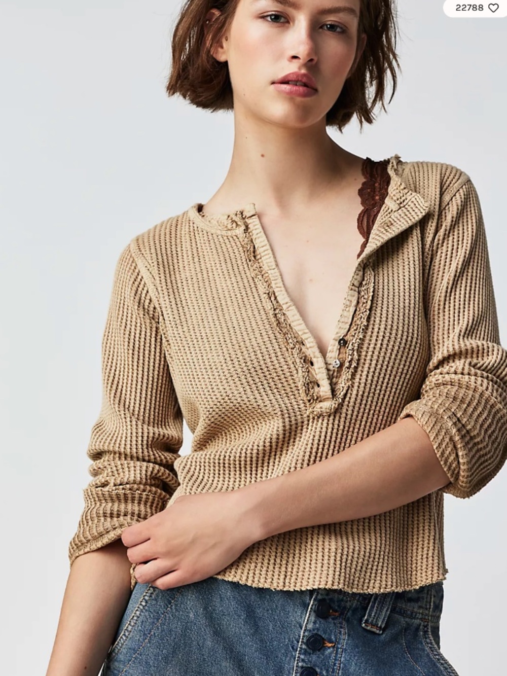 Free People One Colt Waffle Cropped Raw Edge Henley Extra Long Sleeve Distressed